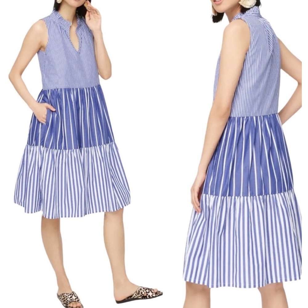 J.Crew Re-Imagined Blue White Striped Cotton Tiered Midi Dress Ruffle Neck Sz‎ L
